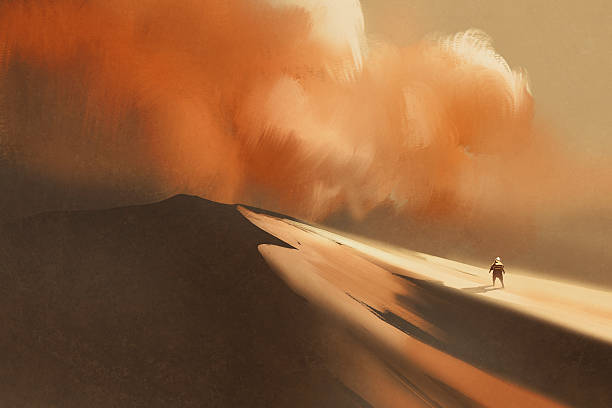 sandstorm in desert and hiking man,illustration