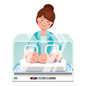 Pediatrician doctor woman or nurse examining little newborn baby inside medical intensive care unit incubator box. Child care clinic.