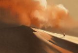 sandstorm in desert and hiking man,illustration